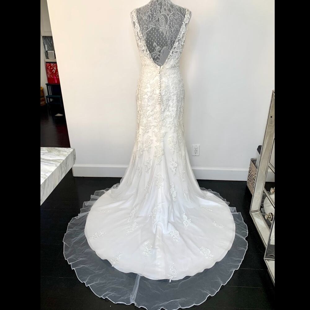 Mia Solano ‘Cate’ Ivory V Neck Beaded Sleeveless Backless Sheath Wedding Dress - Picture 7 of 9